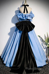 Blue Satin A-Line Long Formal Prom Dresses With Black Bow, Off The Shoulder Blue Long Party Dresses