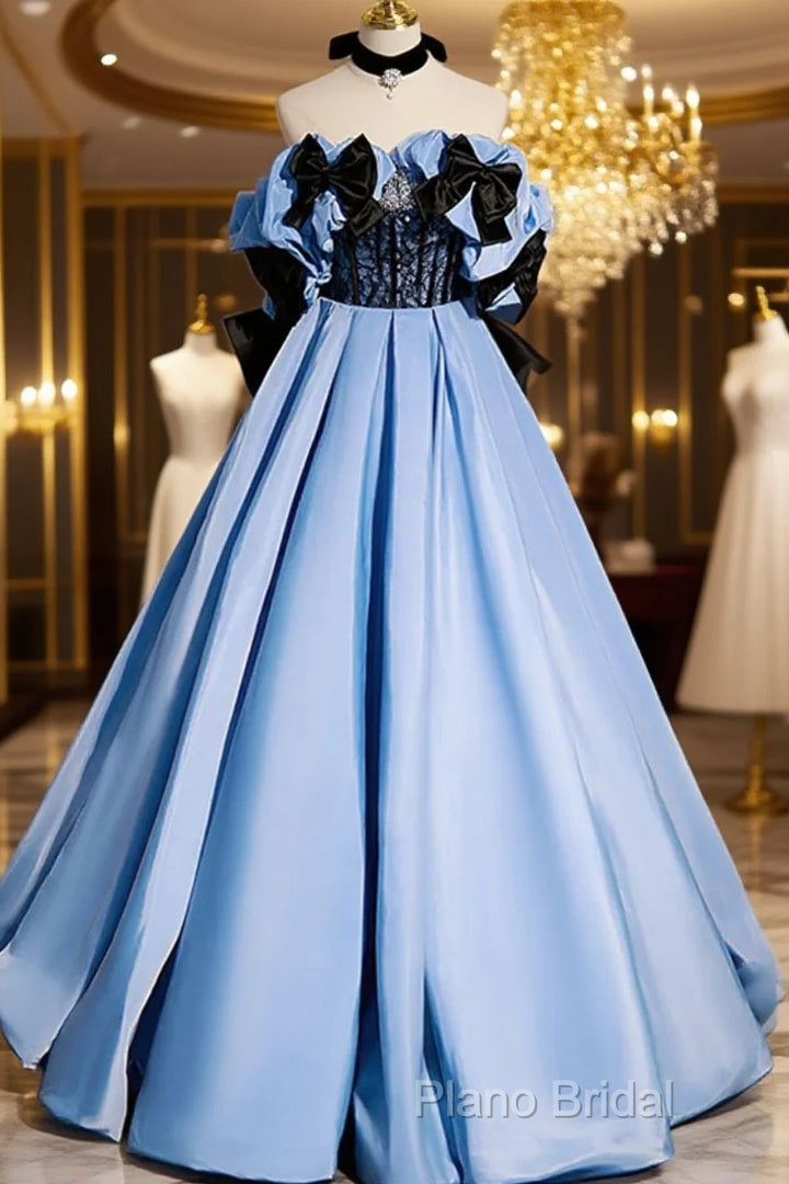 Blue Satin A-Line Long Formal Prom Dresses With Black Bow, Off The Shoulder Blue Long Party Dresses Main image