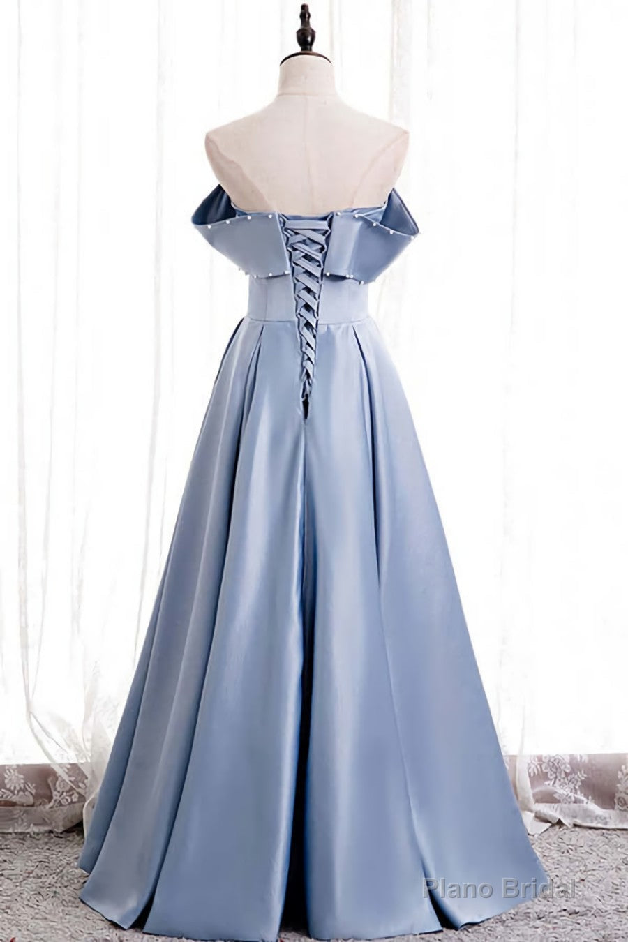Blue Satin A-line Off-the-Shoulder Beaded Prom Dresses,evening party dress Main image