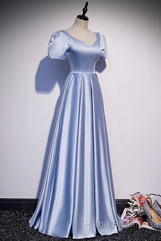 Blue Satin Beaded A-Line Long Party Dresses, Blue Formal Prom Party Dresses Formal Dresses