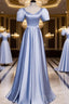 Blue Satin Beaded A-Line Long Party Dresses, Blue Formal Prom Party Dresses Formal Dresses