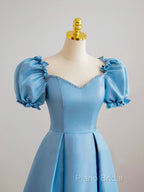 Blue Satin Beaded Floor Length Formal Prom Dresses, Blue A-Line Short Sleeve Formal Dresses