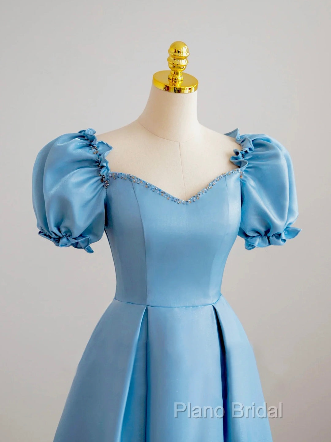 Blue Satin Beaded Floor Length Formal Prom Dresses, Blue A-Line Short Sleeve Formal Dresses