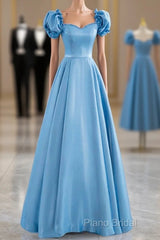Blue Satin Beaded Floor Length Formal Prom Dresses, Blue A-Line Short Sleeve Formal Dresses