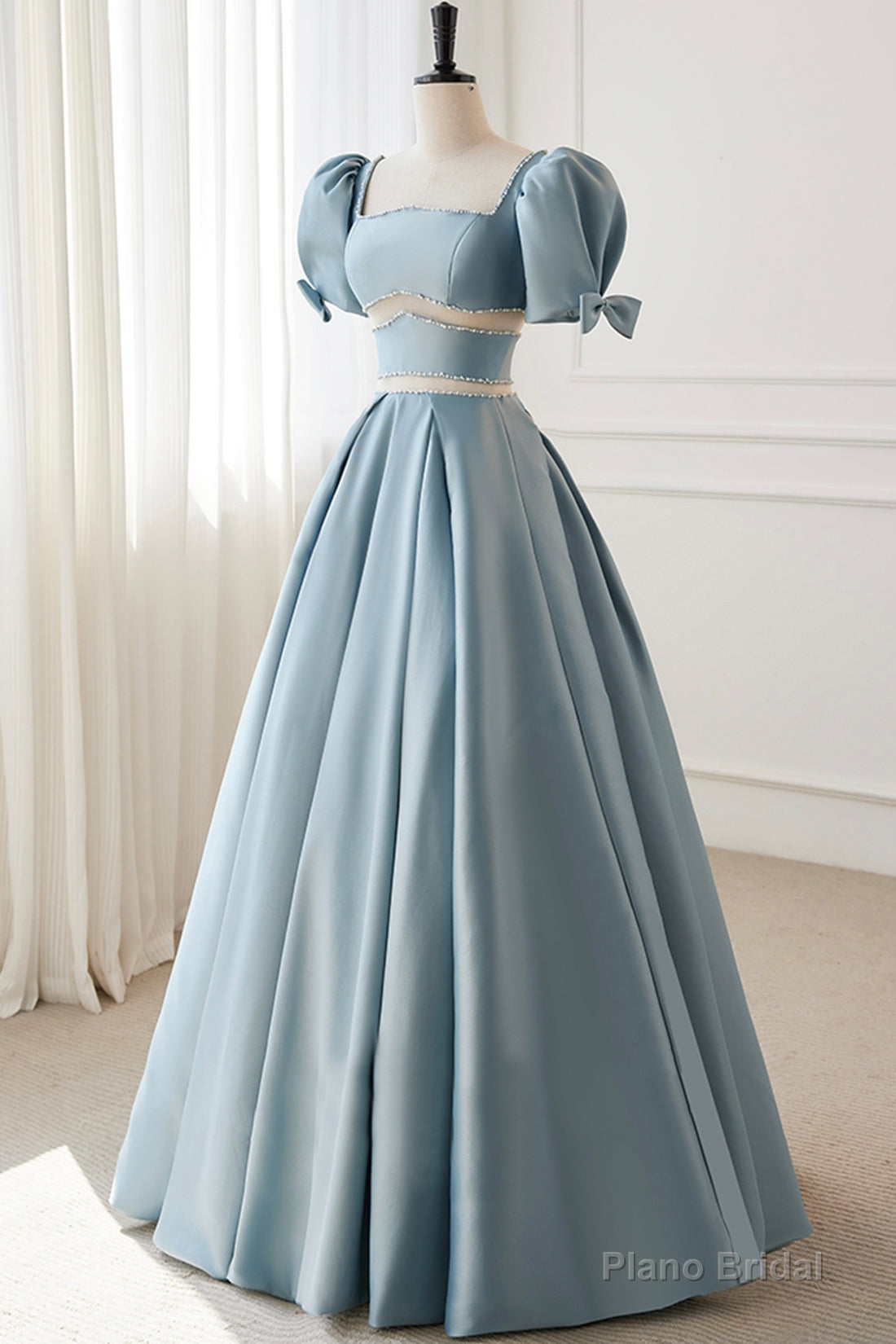Blue Satin Beaded Long Prom Dress, Blue Short Sleeve Evening Dress