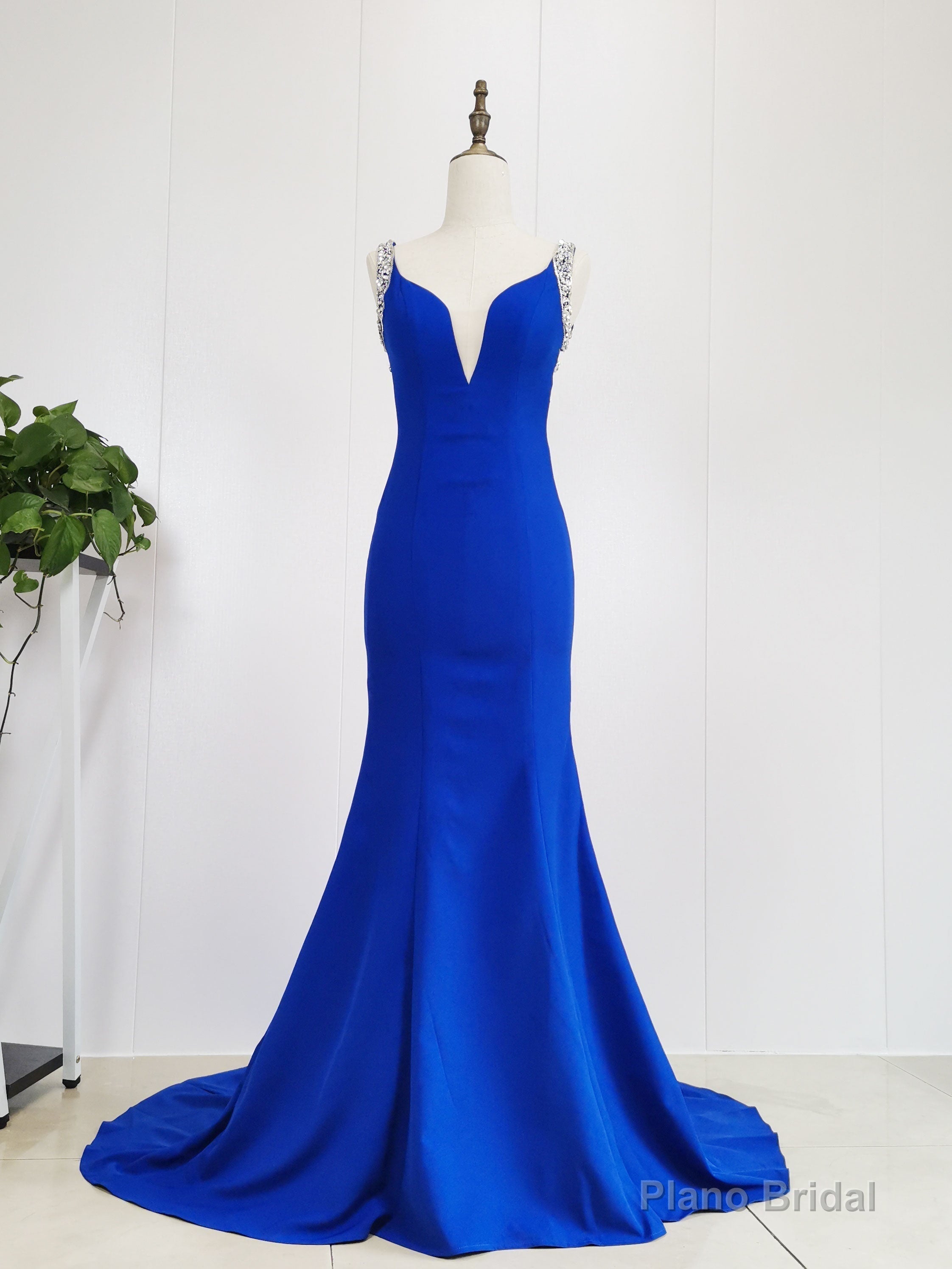 Blue Satin Beads Long Mermaid Prom Dress Blue Formal Dress Main image