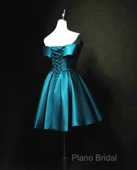 Blue Satin Cute Knee Length Short Formal Prom Dresses Homecoming Dresses, Off Shoulder Formal Dresses