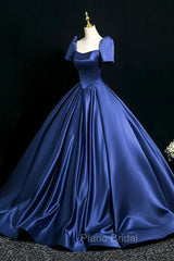 Blue Satin Floor Length Formal Dresses, Elegant Off The Shoulder Evening Party Dresses