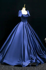 Blue Satin Floor Length Formal Dresses, Elegant Off The Shoulder Evening Party Dresses
