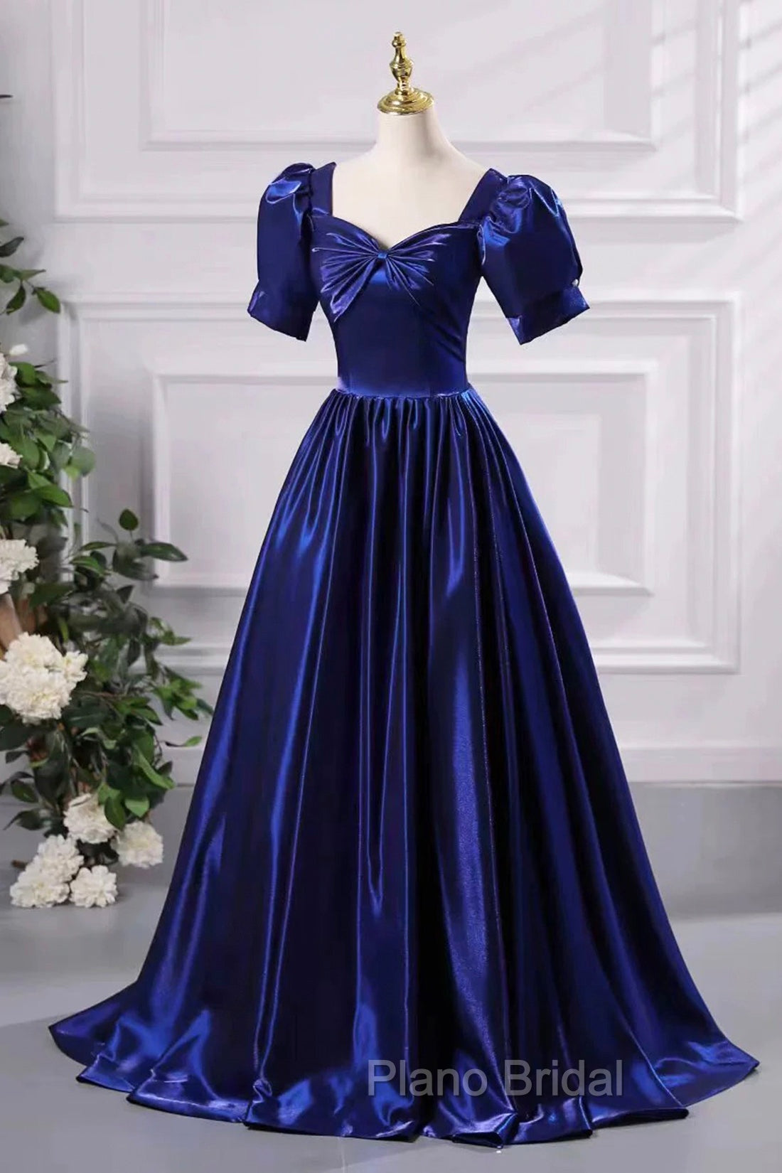 Blue Satin Floor Length Formal Prom Dresses, A-Line Short Sleeve Backless Evening Party Dresses