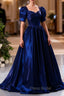 Blue Satin Floor Length Formal Prom Dresses, A-Line Short Sleeve Backless Evening Party Dresses