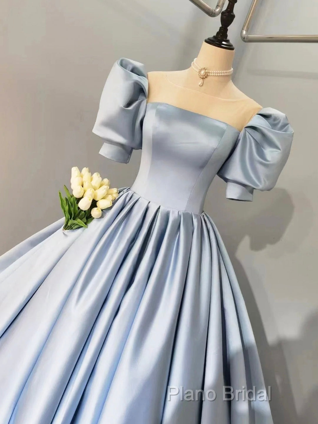 Blue Satin Floor Length Formal Prom Dresses, A-Line Short Sleeve Formal Party Dresses Secondary image