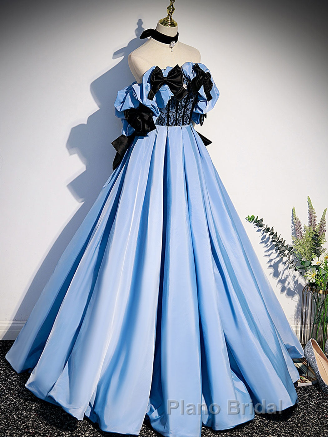 Blue satin lace long Formal Prom dress blue satin evening dress