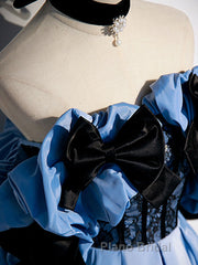 Blue satin lace long Formal Prom dress blue satin evening dress