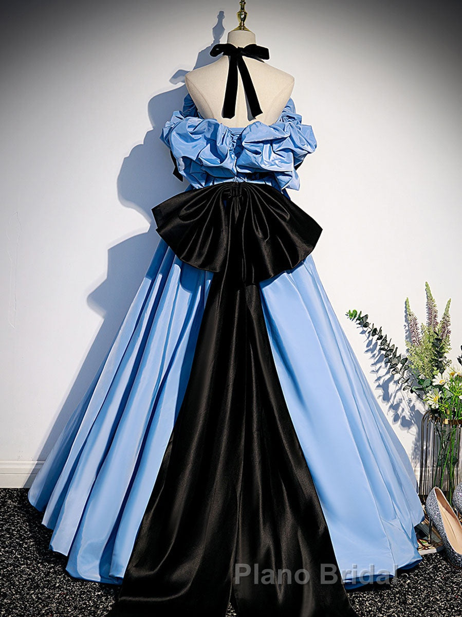 Blue satin lace long Formal Prom dress blue satin evening dress