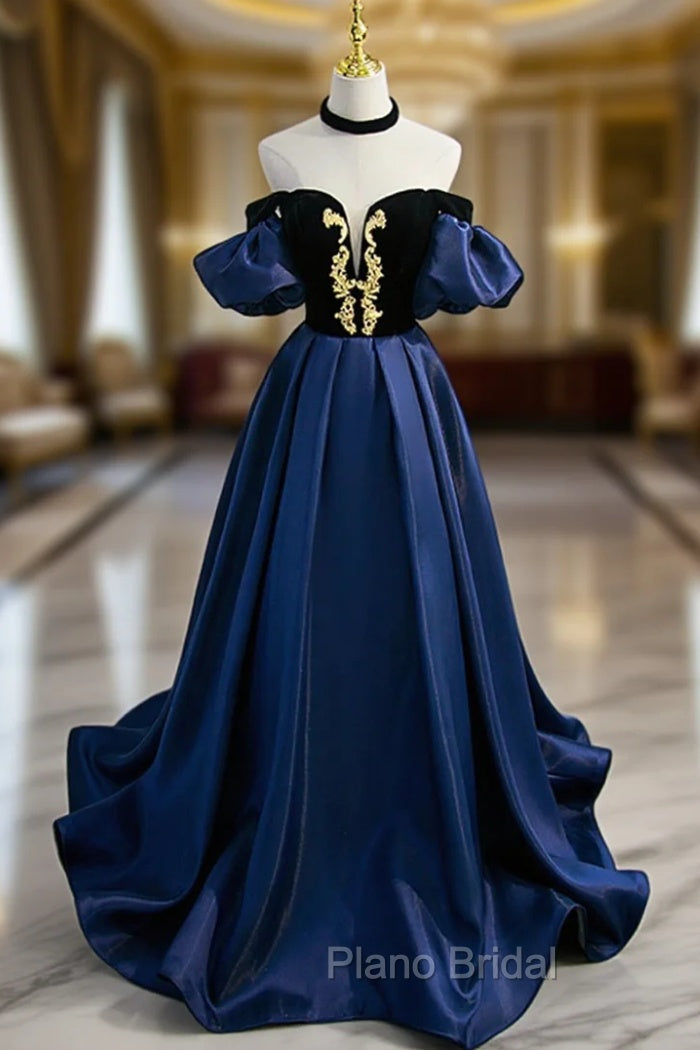 Blue Satin Lace Long Formal Prom Dresses, Blue Short Sleeve Evening Party Dresses