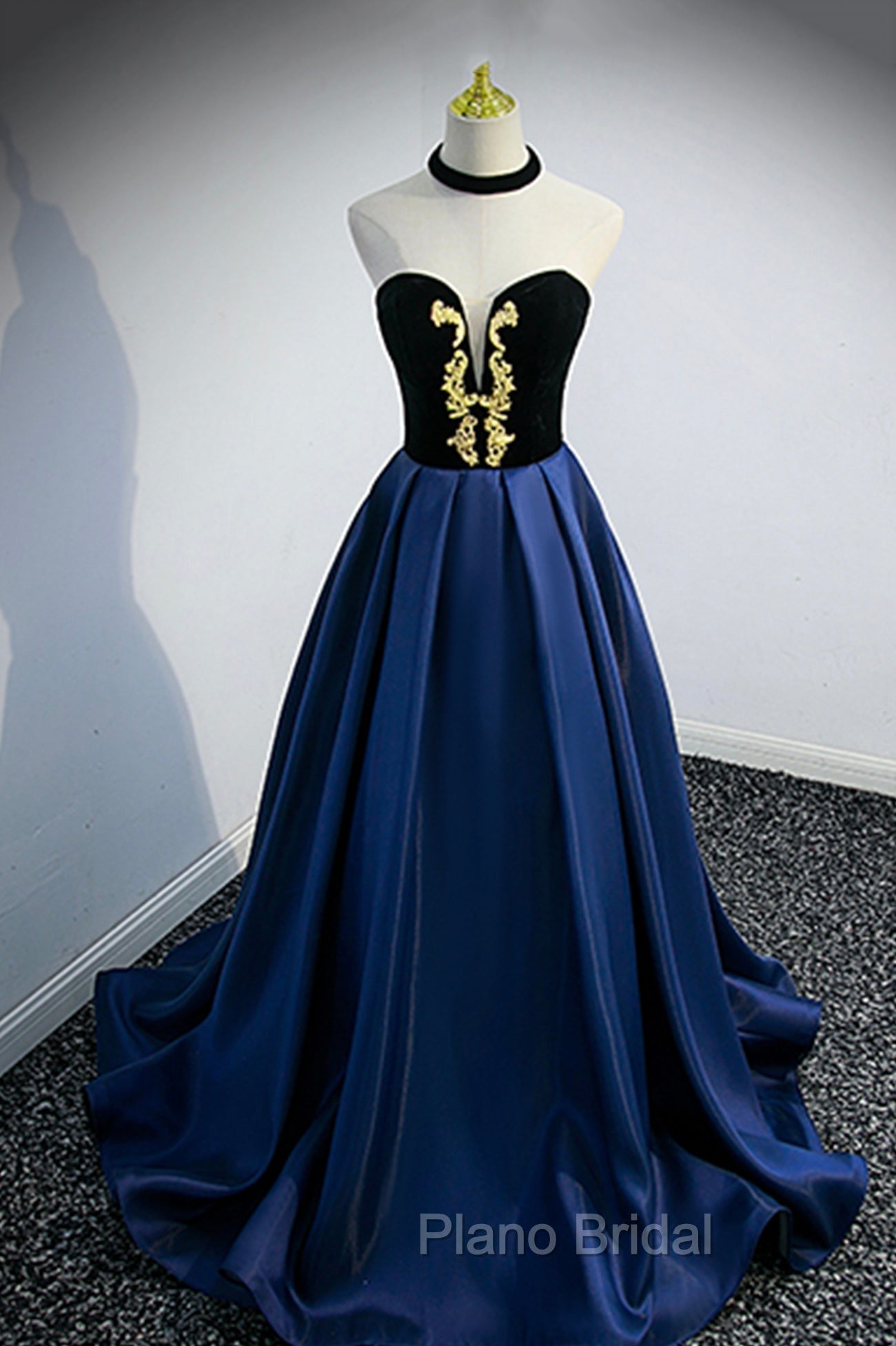 Blue Satin Lace Long Formal Prom Dresses, Blue Short Sleeve Evening Party Dresses