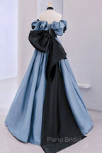 Blue Satin Lace Long Formal Prom Dresses, Off Shoulder Evening Party Dresses