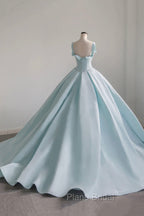 Blue Satin Long A-Line Formal Dresses, Blue Formal Prom Evening Dresses