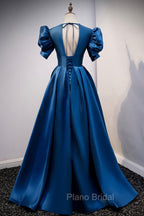 Blue Satin Long A-Line Formal Prom Dresses, Elegant Short Sleeve Party Dresses