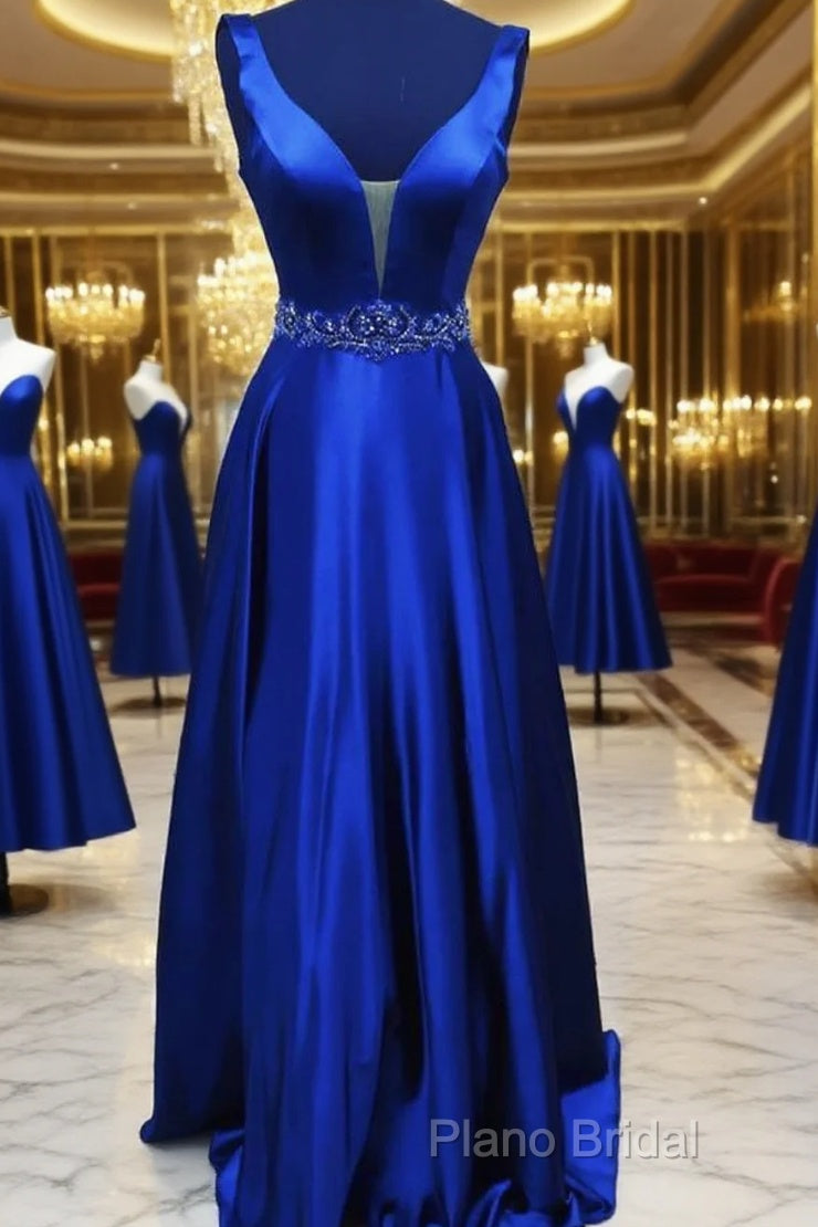 Blue Satin Long A Line Formal Prom Dresses Formal Dresses Main image