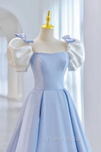Blue Satin Long A-Line Formal Prom Dresses, Lovely Short Sleeve Formal Evening Dresses