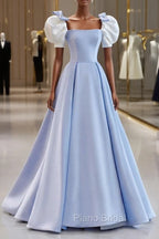 Blue Satin Long A-Line Formal Prom Dresses, Lovely Short Sleeve Formal Evening Dresses