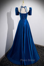 Blue Satin Long A-Line Formal Prom Dresses, Simple Blue Short Sleeve Evening Dresses