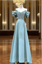 Blue Satin Long A-Line Formal Prom Dresses, Unique Spaghetti Straps Evening Dresses