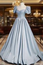 Blue Satin Long A-Line Formal Prom Dresses with Pearls, Cute Short Sleeve Evening Dresses