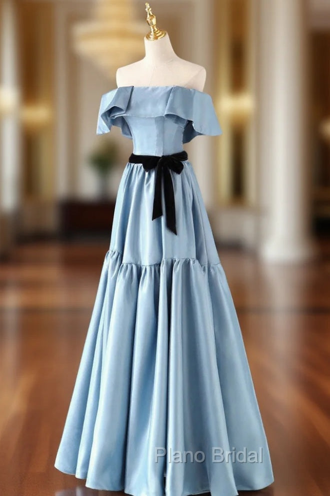 Blue Satin Long Formal Dresses, Simple A-Line Strapless Formal Prom Dresses
