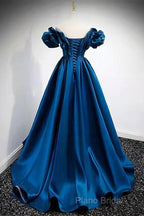 Blue Satin Long Off Shoulder A-Line Formal Prom Dresses, Blue Sweetheart Formal Dresses