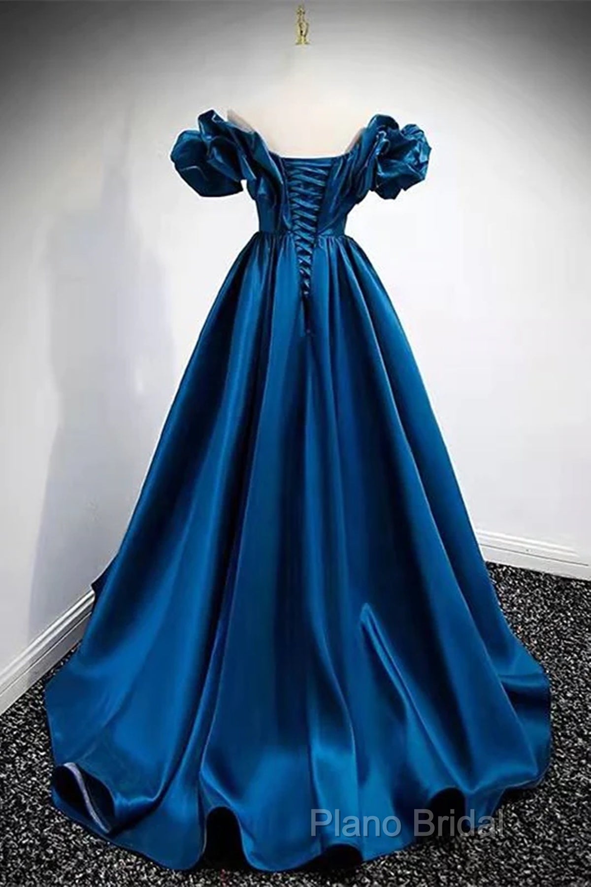 Blue Satin Long Off Shoulder A-Line Formal Prom Dresses, Blue Sweetheart Formal Dresses