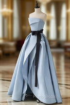 Blue Satin Long Party Dresses Evening Dresses, Blue Satin Formal Prom Dresses