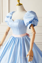 Blue Satin Long Princess Dresses, Lovely Short Sleeve Ball Gown Sweet 16 Dresses