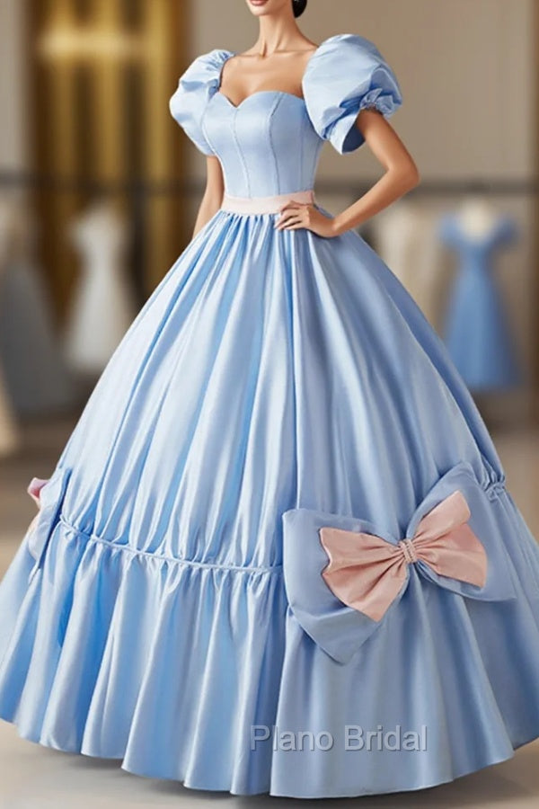 Blue Satin Long Princess Dresses, Lovely Short Sleeve Ball Gown Sweet 16 Dresses