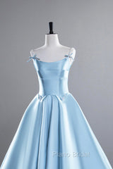 Blue Satin Long Formal Prom Dresses, A-Line Spaghetti Strap Evening Party Dresses