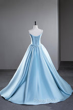 Blue Satin Long Formal Prom Dresses, A-Line Spaghetti Strap Evening Party Dresses
