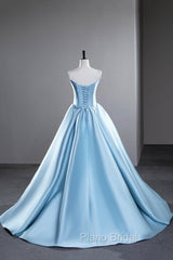 Blue Satin Long Formal Prom Dresses, A-Line Spaghetti Strap Evening Party Dresses