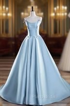 Blue Satin Long Formal Prom Dresses, A-Line Spaghetti Strap Evening Party Dresses