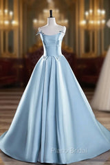 Blue Satin Long Formal Prom Dresses, A-Line Spaghetti Strap Evening Party Dresses