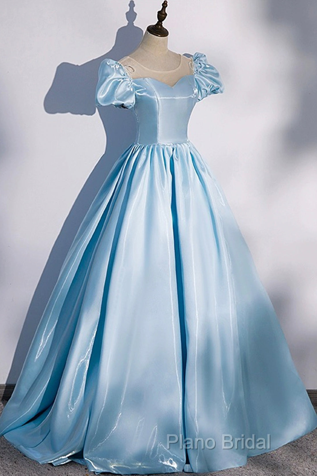 Blue Satin Long Formal Prom Dresses, Blue A-Line Scoop Neckline Short Sleeve Formal Dresses Secondary image