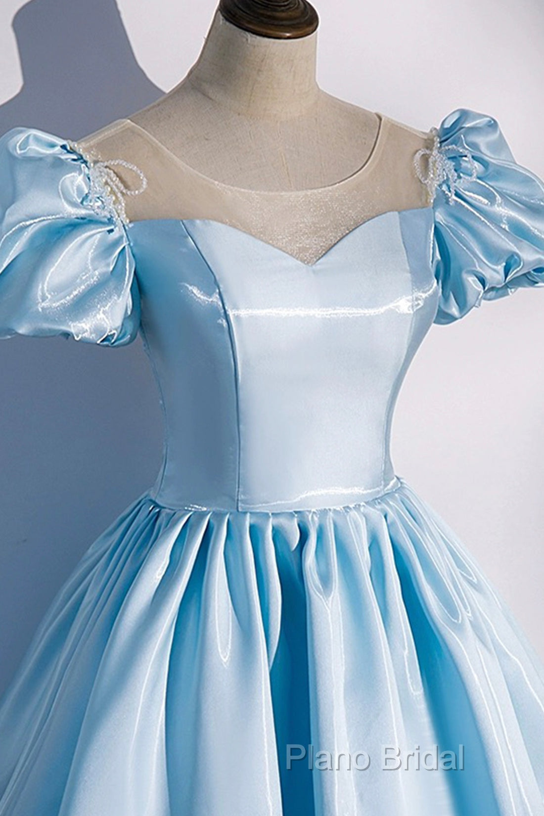 Blue Satin Long Formal Prom Dresses, Blue A-Line Scoop Neckline Short Sleeve Formal Dresses