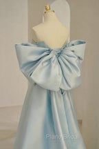 Blue Satin Long Formal Prom Dresses with Big Bow, Blue A-Line Evening Party Dresses