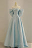 Blue Satin Long Formal Prom Dresses with Big Bow, Blue A-Line Evening Party Dresses