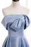 Blue Satin Long Formal Prom Dresses with Pearls, Blue A-Line Strapless Party Dresses