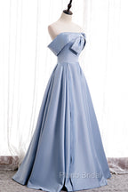 Blue Satin Long Formal Prom Dresses with Pearls, Blue A-Line Strapless Party Dresses