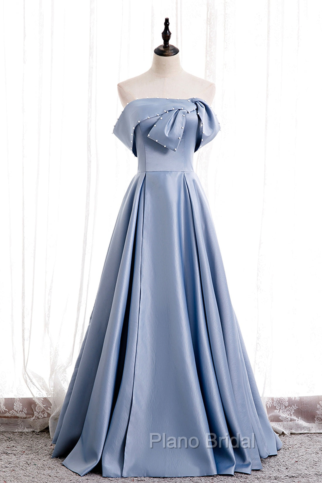 Blue Satin Long Formal Prom Dresses with Pearls, Blue A-Line Strapless Party Dresses Main image