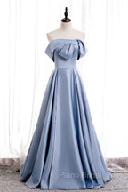 Blue Satin Long Formal Prom Dresses with Pearls, Blue A-Line Strapless Party Dresses