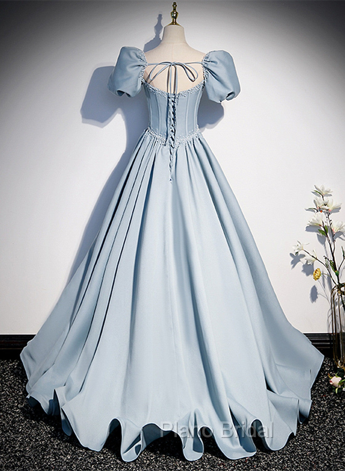 Blue Satin Long Formal Prom Dresses with Pearls, Blue Short Sleeves A-line Evening Dresses